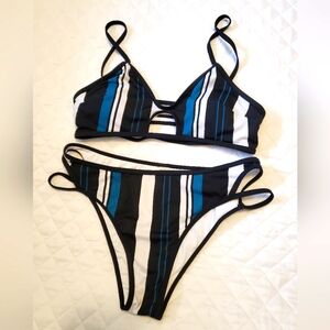 Striped Bikini Set with Blue and Black Accents